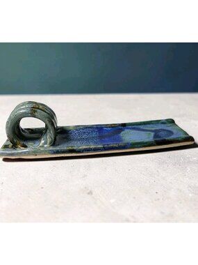 Handmade Studio Art Pottery Butter Stick Dish Signed Blue Artsy